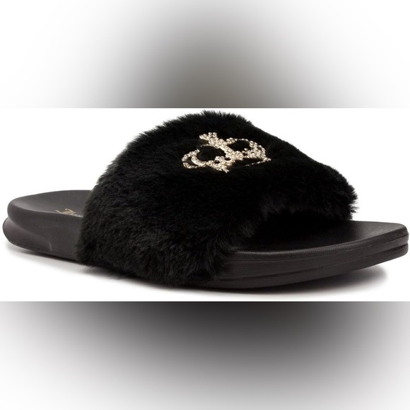 Juicy Couture Shoes - Juicy Couture Plush Black Faux Fur Diamond Crown Slides Y2K Slippers Cute Trendy
